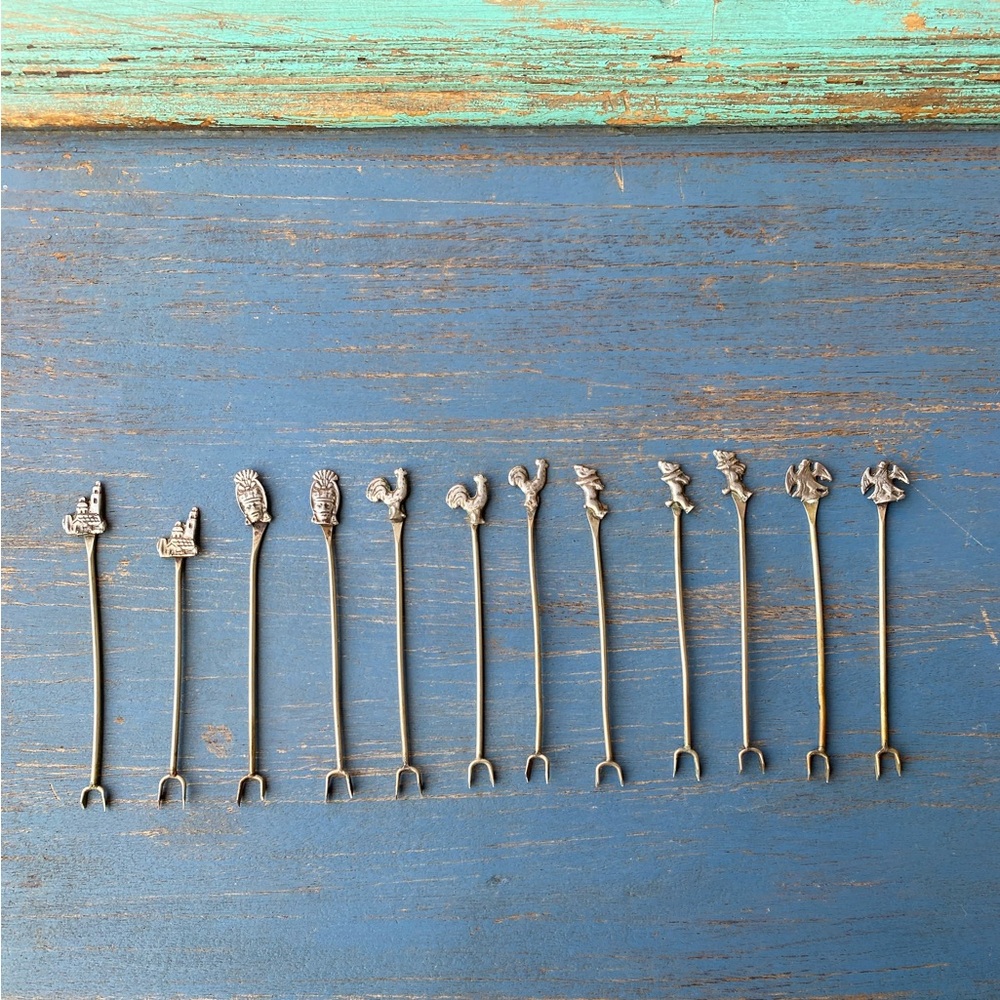 Vintage 12 Handmade Silver Themed hors d’oeuvre Serving Forks Roster Dog Ect.